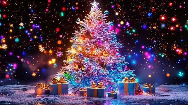 A vibrant Christmas tree adorned with colorful ornaments stands amidst twinkling lights and beautifully wrapped gifts