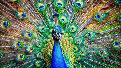 Fototapeta premium Vibrant and colorful peacock showing off its extravagant feathers in full display , Exotic, bird, wildlife