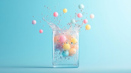 Whimsical illustration of glass overflowing with colorful bubbles.