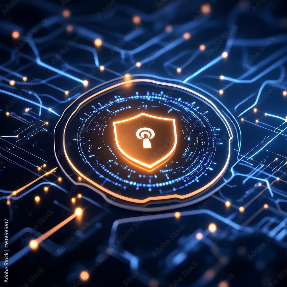 Poster digital cybersecurity concept featuring a glowing shield and lock symbol on a futuristic circuit boa