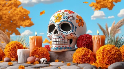Pixel art Day of the Dead celebration with skulls and marigolds.