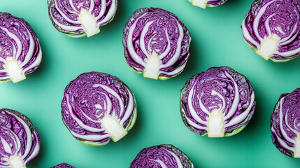 Fototapeta premium Purple cabbages sliced in half on turquoise background, top view. Fresh vegetable and healthy eating concept