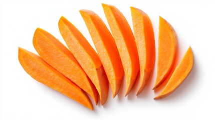 Artistic arrangement of sweet potato slices in a fan pattern, highlighting the contrast between the orange flesh and outer skin. Isolated on a white background