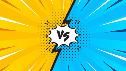 Obraz premium Bright yellow and blue versus comic-style background. Pop art comic sunburst effect background with halftone. Suitable for templates, sale banners, events, ads, web and pages