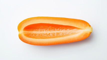 Halved baby carrot, the interior showing fine lines and color gradient from core to skin. Isolated on a pristine white background