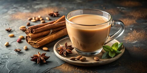 Glass cup of masala chai tea with spices , Masala chai, tea, spices, traditional, Indian, beverage, drink, refreshment, aromatic