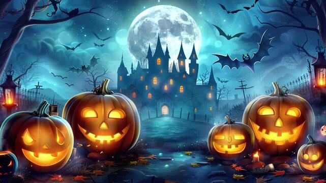 Scary Halloween background. Halloween pumpkins under the moonlight. Halloween background with pumpkins, castle and full moon. Halloween Spooky Nighttime. Halloween night. Happy Halloween. Copy space