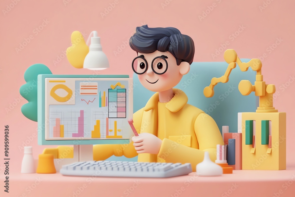 Leinwandbilder 3D Illustration of a Person Analyzing Data on a Computer.