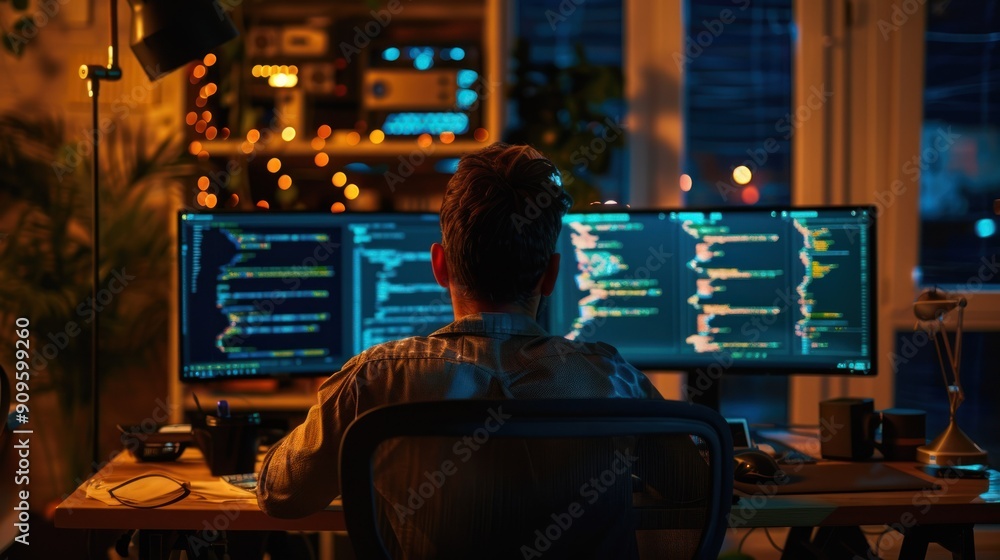 Poster a young software engineer working late at night in a modern office, debugging code on multiple compu