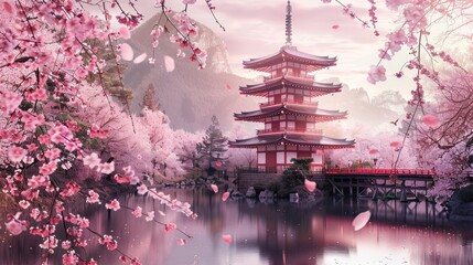 Japanese Pagoda Amidst Blooming Cherry Trees