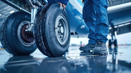 Fototapeta premium Aviation maintenance technician inspecting aircraft landing gear on an airport tarmac