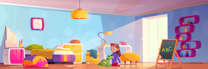 Little girl playing with toys in bedroom. Vector cartoon illustration of happy child character sitting on floor with cute dino, room furnished with bed, desk, mirror, drawer, books on shelf, sunlight