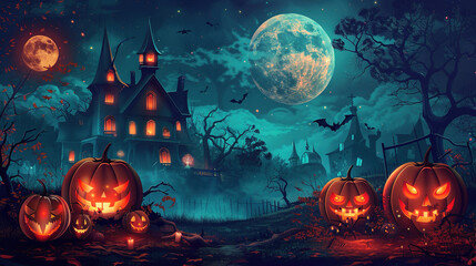 Scary Halloween background. Halloween pumpkins under the moonlight. Halloween background with pumpkins, castle and full moon. Halloween Spooky Nighttime. Halloween night. Happy Halloween. Copy space