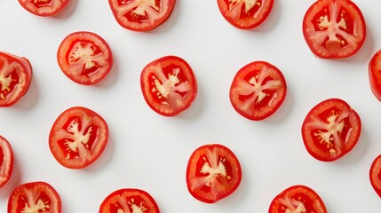 Artistic layout of tomatoes cut into halves and slices, spread out in an overlapping fashion. The rich red hues contrast with the clean white surface