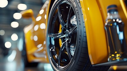 Promotional flyer for car tire sales, showcasing a modern car wheel with a stylish disk brake alongside engine oil