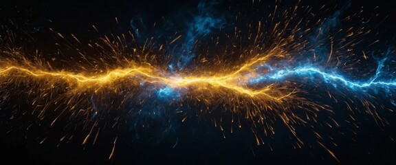 Bright blue and yellow sparks on a black background Magical lig.