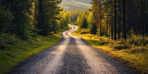 Obraz premium Winding Gravel Road Through a Lush Green Forest
