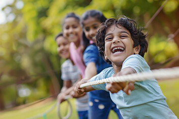 A group of Indian children playing tug-of-war in the park, laughing and having fun together.