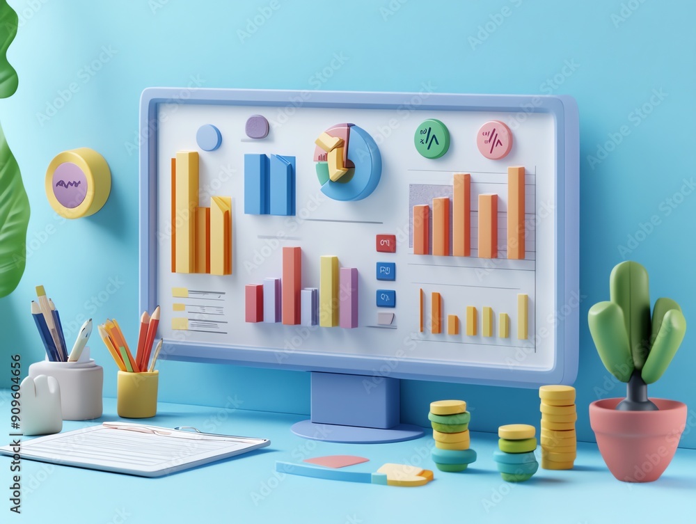 Fototapete Colorful 3D computer screen showing graphs and charts on blue background.