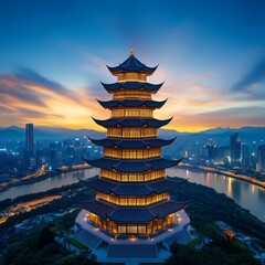 Obraz premium Stunning illuminated pagoda at sunset with vibrant cityscape in the background, depicting traditional Asian architecture and urban harmony.