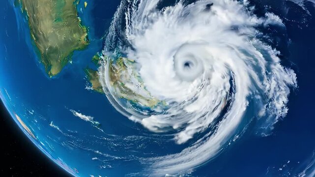 Process of the formation and movement of a huge cyclone above the Earth's surface. Meteorological satellites guard the safety of people. FHD footage.