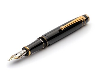 Sleek Black Fountain Pen with Gold Nib on Isolated White Background