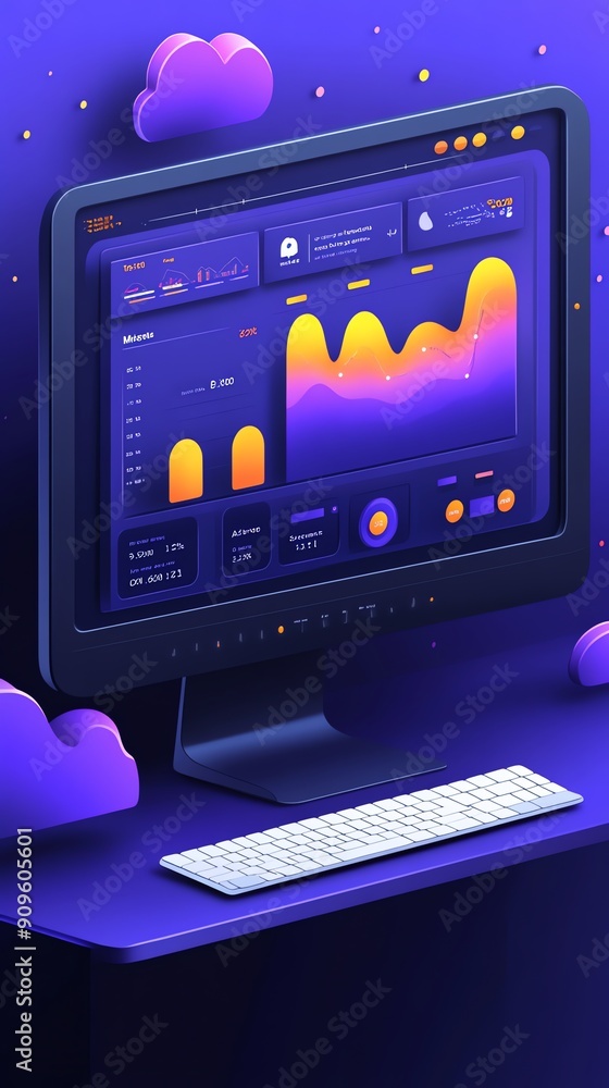 Poster Modern Business Data Analytics Dashboard on Desktop Computer.