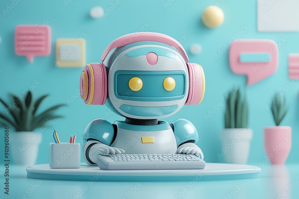 Poster cute robot with headphones typing on a keyboard.