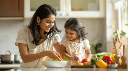 Indian mom and small daughter cooking together happily.