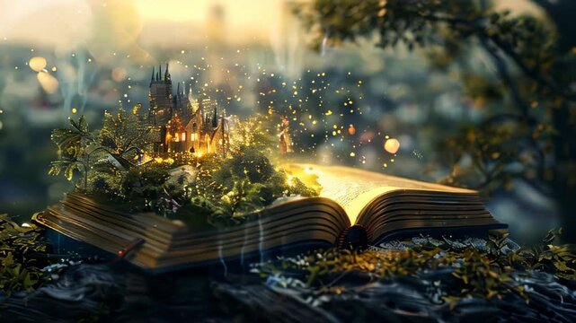 A book is open to a page with a castle and trees. The castle is surrounded by a forest and the trees are green