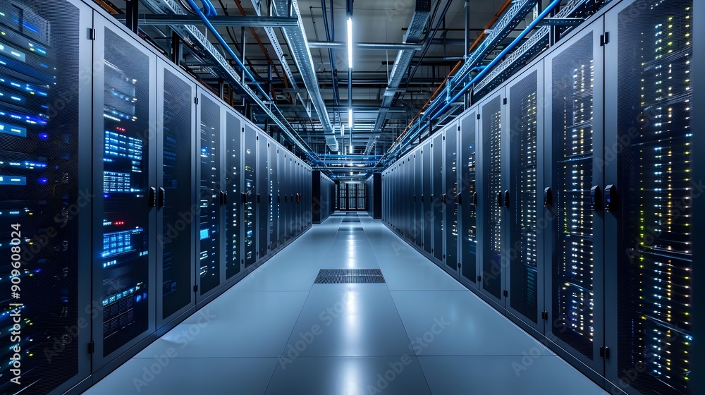 Poster high tech data center with advanced cooling systems ensuring efficient of powerful servers and moder