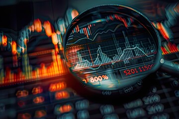 A magnifying glass highlighting colorful stock market data and charts, symbolizing financial analysis, trading, and investment insights.