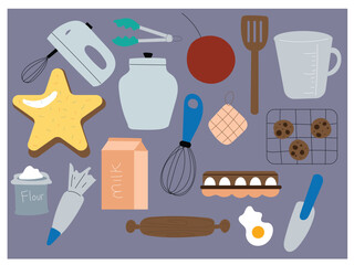 a picture of a kitchen with a bunch of kitchen utensils and baking