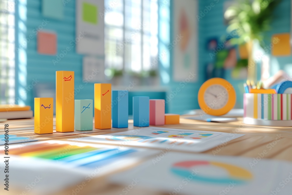 Poster Colorful Bar Graph on Desk with Charts and Clock.