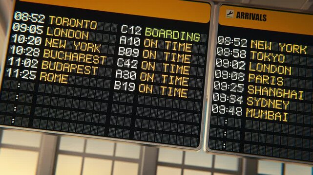 Zoom in to an airport departure board with canceled flights