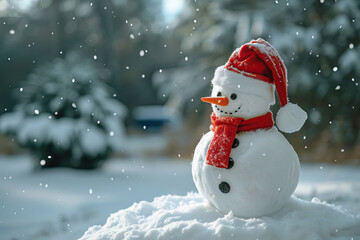 Fototapeta premium Christmas greeting card with bright winter holiday snowman and New Year background