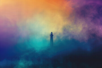 Fototapeta premium Generative ai on theme of large retro lighthouse with beam of bright light shining out to blue sea