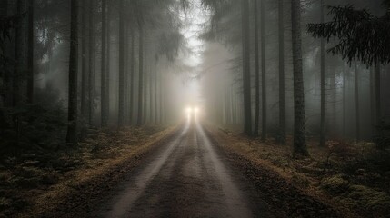 Fototapeta premium A Foggy Forest Path Leading Towards a Distant Light