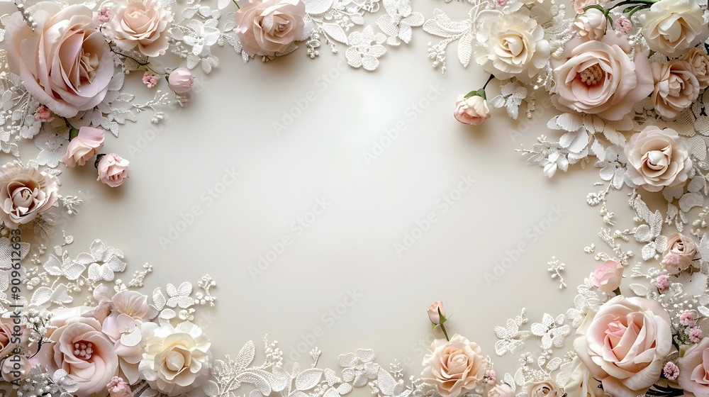 Canvas Prints Romantic Wedding Frame with Lace and Flowers on Soft Ivory Background