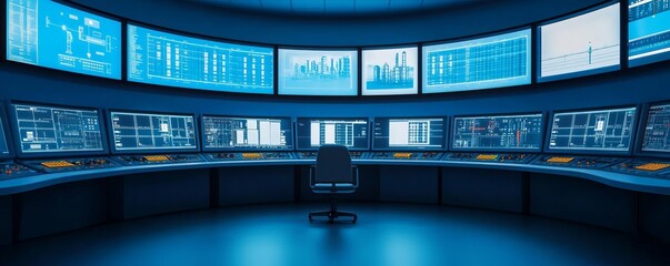 Refinery control room, virtual reality screens, futuristic chemical processing, blue tones