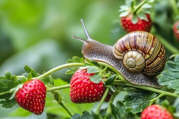 A snail on a strawberry in the garden.