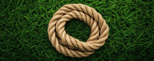 Obraz premium Coiled rope on green grass, close-up view. Nature and outdoor concept