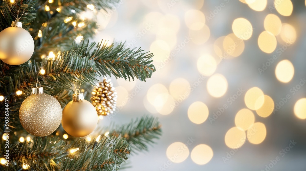 Aufkleber branches of a christmas tree illuminated with lights and decorated with golden ornaments creating a 