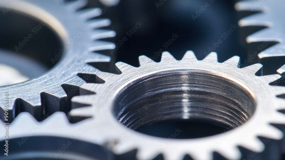 Poster interlocking metal gears demonstrate intricate design and mechanical functionality during manufactur