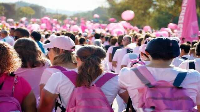Participants dressed in pink gather for a charity event, holding balloons and marching together in a unified display of support and solidarity
