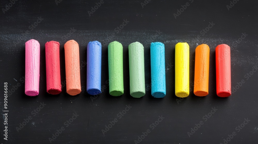 Poster brightly colored chalks are lined up on a black chalkboard, ready for artistic exploration and learn