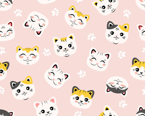 Cute cats seamless pattern. The animal's head is in a flat style. Suitable for printing on paper and fabric. Vector background. 