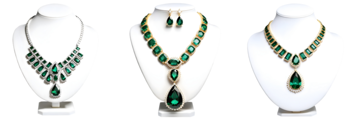 Sophisticated emerald necklace with diamond accents showcased on a white bust stand, isolated on a transparent or white background.
