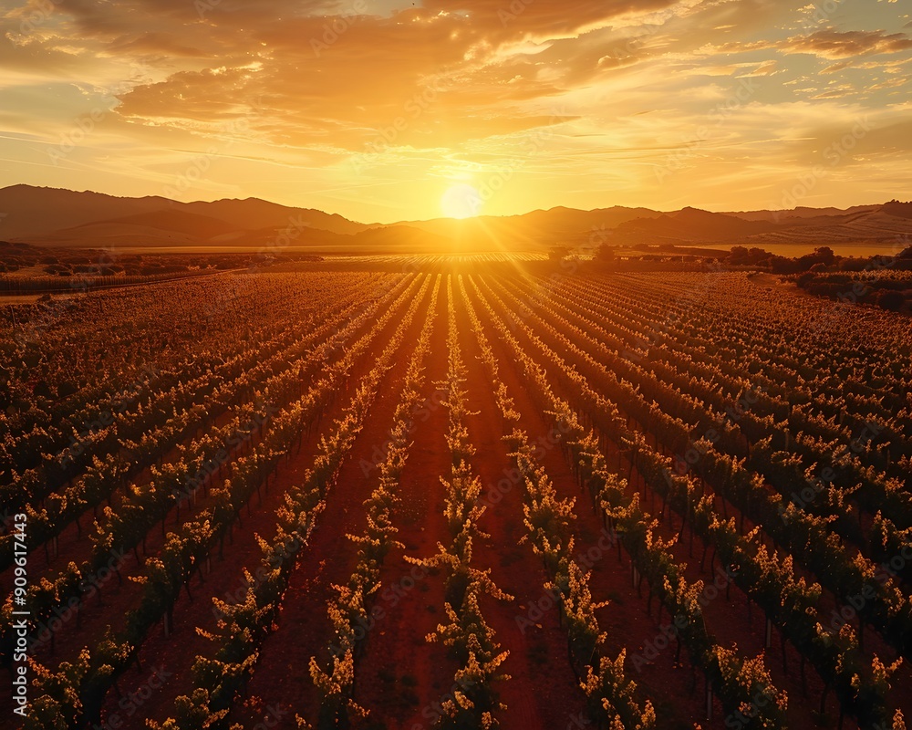 Poster drone capturing scenic vineyard at sunset with tranquil golden light and rows of grapevines