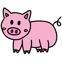 Hand drawn pink pig for animal, farm, zoo, souvenir shop, cartoon character, comic, mascot, pet, vet, cute patches, shirt print, plush toy, kid doll, brooch, countryside, rural area, standee, sticker